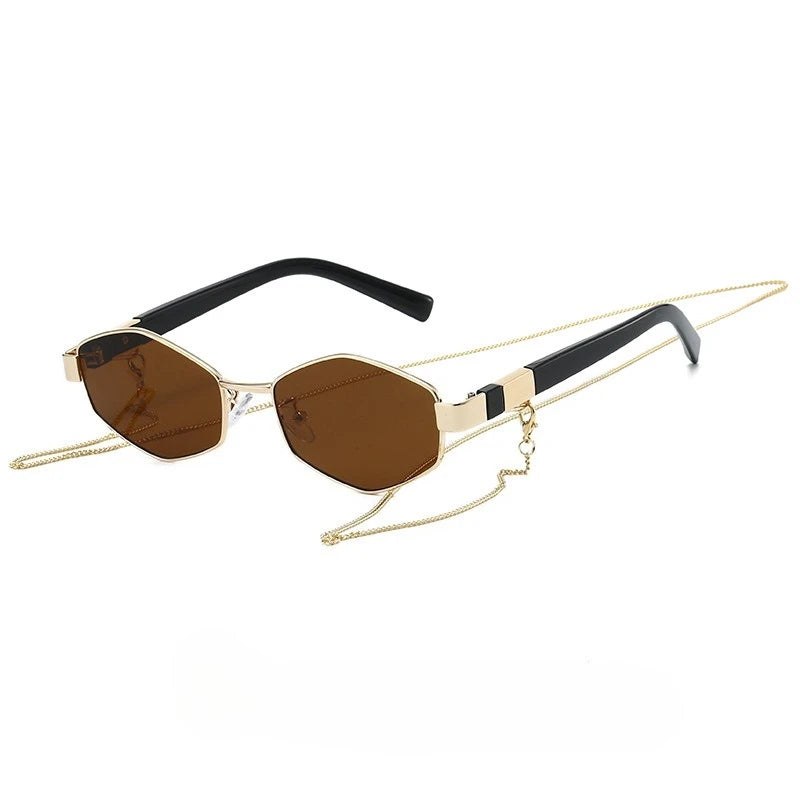 New Fashion Sunglasses with Chain for Women Luxury Brand Design Polygonal Sun Glasses for Female Small Frame Eyewear