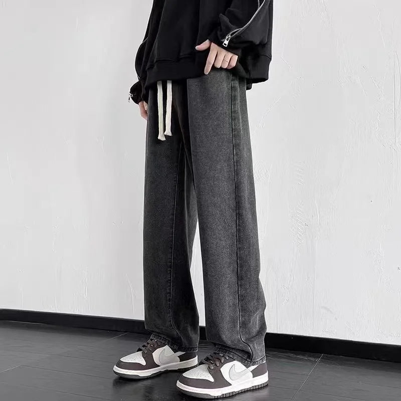 2023 New Korean Fashion Men's Casual Ankle-Length Jeans Classic Man Straight Denim Wide-leg Pants Light Blue Grey Black 3XL
