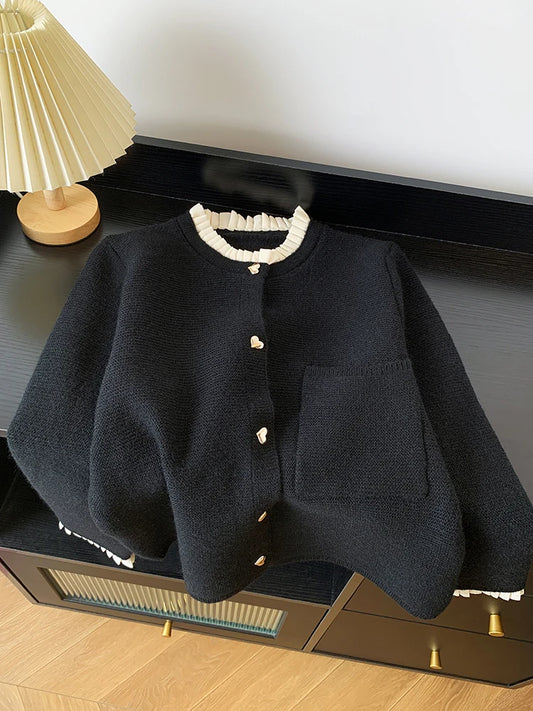 Women's Clothing 2025 Autumn New Love Button Knitted Cardigan Jacket Lazy Style Sweet Fashion Sweater Tops