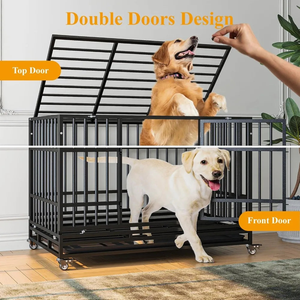 48 Inch Heavy Duty Dog Crates, Escape Proof Dog Cage Large Dogs with Wheels, Indestructible Steel Dog Cage with Upgraded