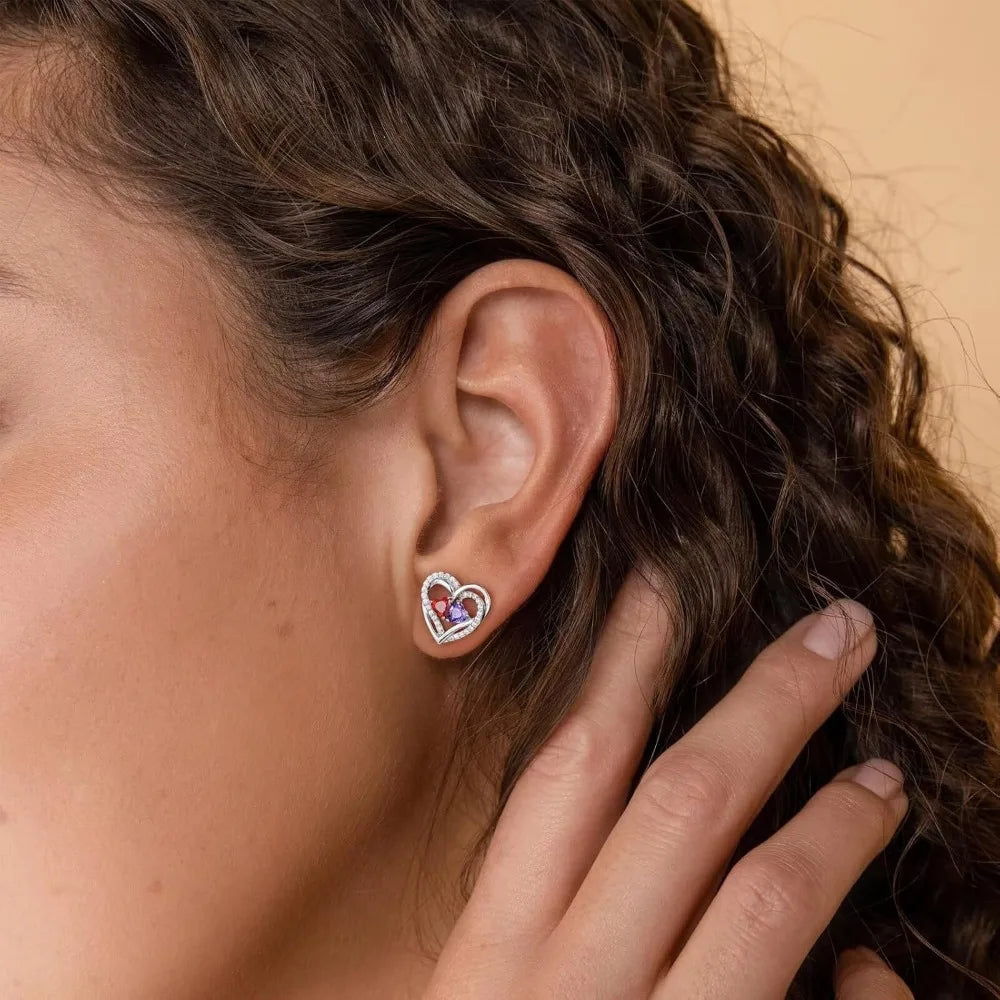 Sterling Silver Heart Birthstone Earrings, Double Stone Anniversary Gifts for Women, Ideal Birthday Present for Chris