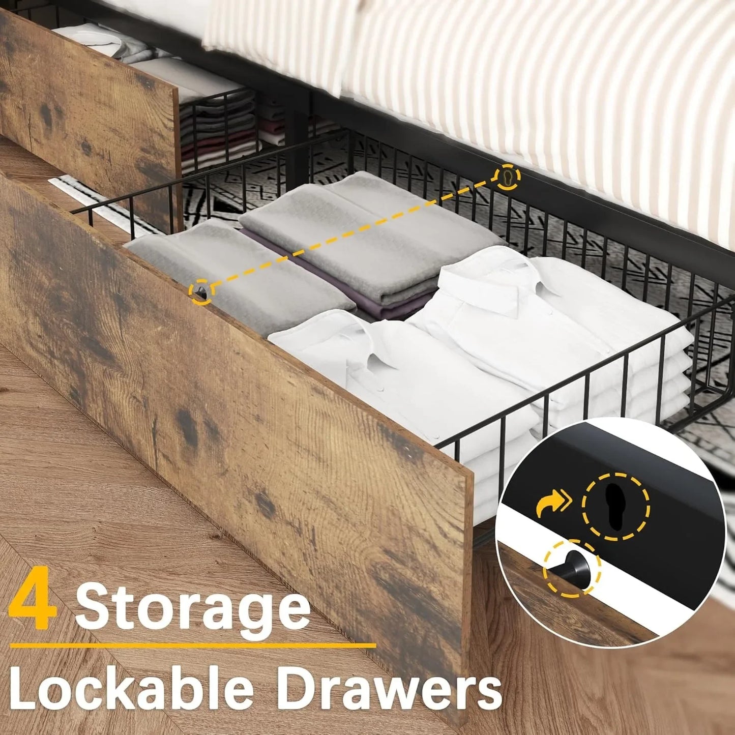 Large bed frame with headboard, high storage bookshelf headboard, 4 storage drawers, charging station and LED, vintage brown