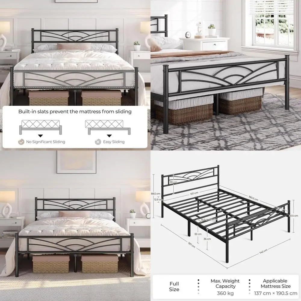 Metal Full Size Bed Frame with Cloud Design, Headboard, Footboard, Storage, No Box Spring Needed, Black
