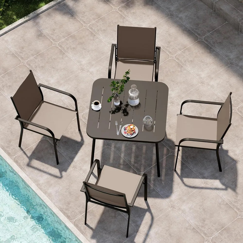 5 Pieces Outdoor Dining Set, Patio Furniture Set of 4 Textilene Chairs with Square Metal Slatted Table with Umbrel