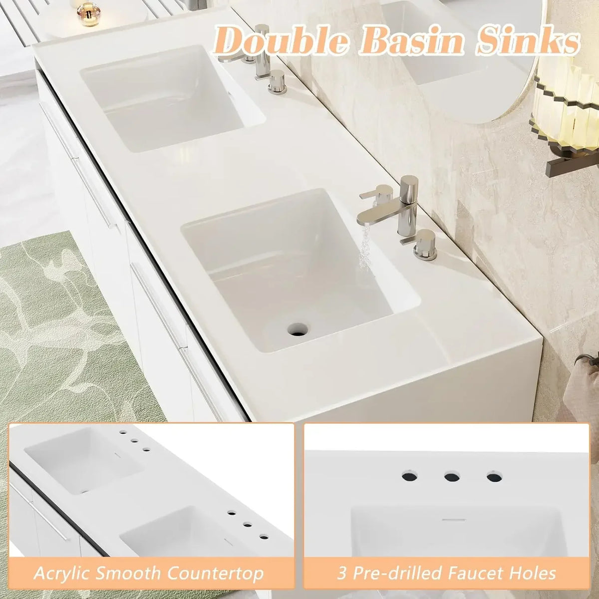 60"LED Floating Bathroom Double Vanity with Sink Combo, Modern High Gloss Wall Mounted Bathroom Storage Cabinet with 3 Hole Sink