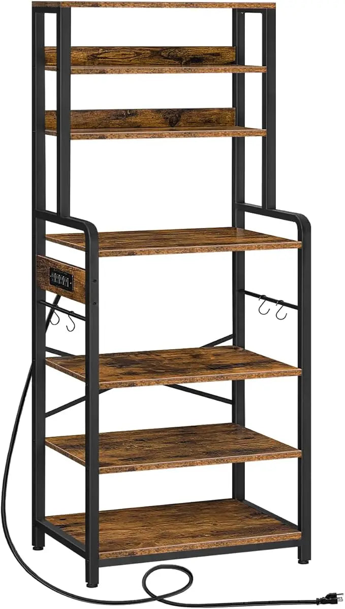 Bakers Rack with Power Outlet, 68.1inch Height Microwave Stand with 4 S-Shaped Hooks, 7-Tier Kitchen Storage Shelf Rack,