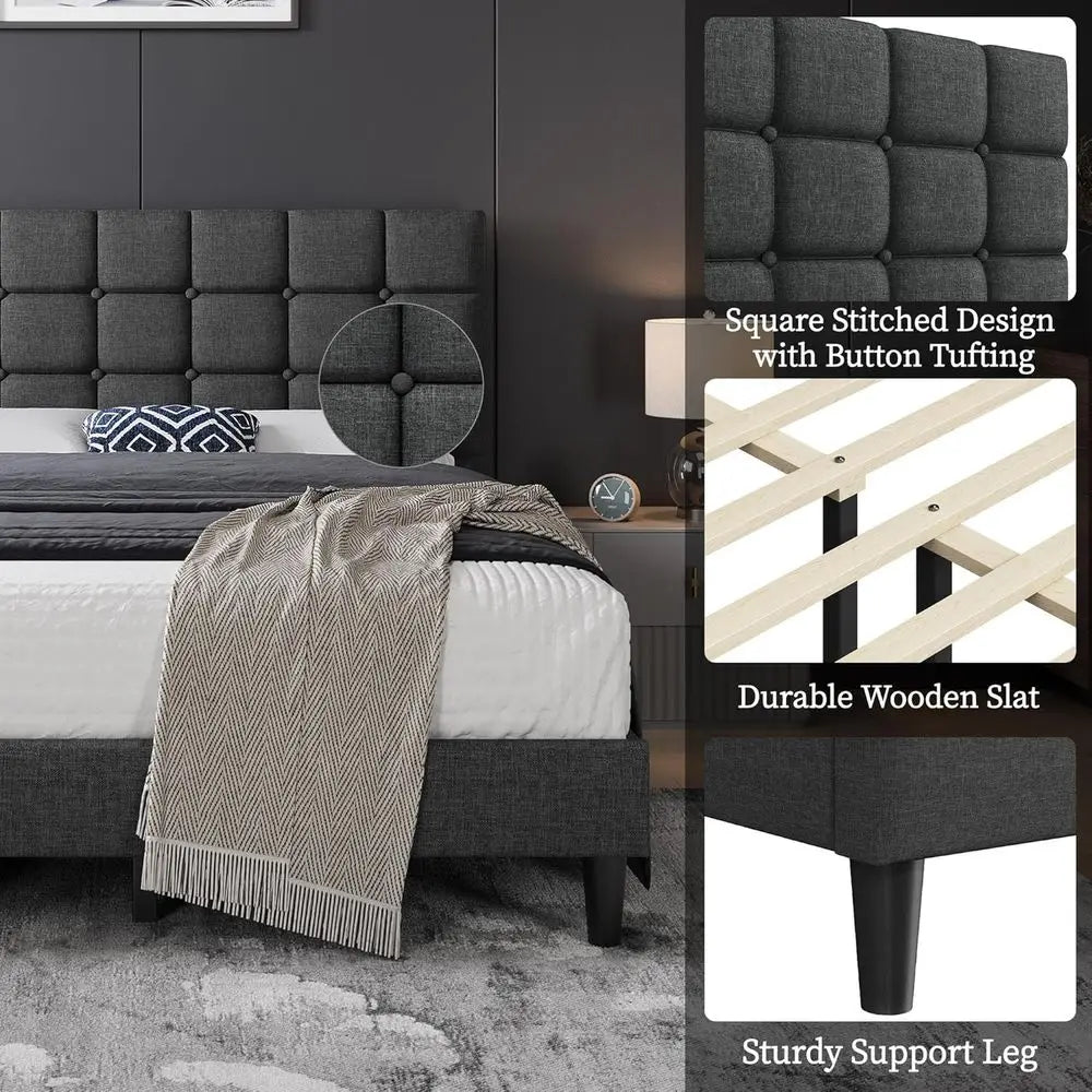 Modern Queen Upholstered Bed Frame with Adjustable Headboard, Button-Tufted, Dark Grey, No Box Spring Needed