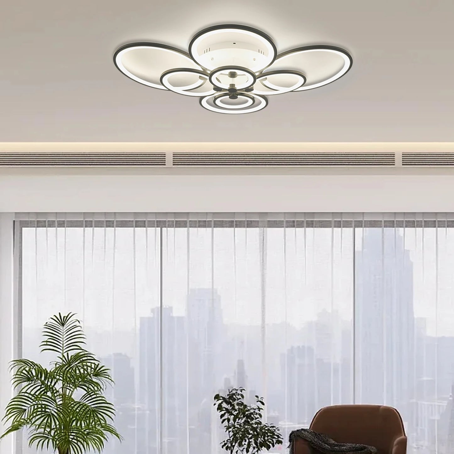 8-Light Modern LED Ceiling Lamp with Remote Control, Transparent Acrylic Shade, Semi-Flush Mount Chandelier  for Dining Room