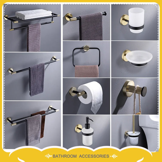 Brushed Gold Black Stainless Steel Wall-mounted Bathroom Storage Paper Towel Holder Toilet Brush Bath Robe Hook Soap Dispenser