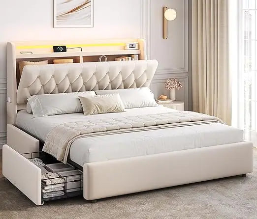 Velvet Upholstered Queen Bed Frame with Storage Drawers and Hidden Headboard, Platform Bed with Charging Station and Button Tuft