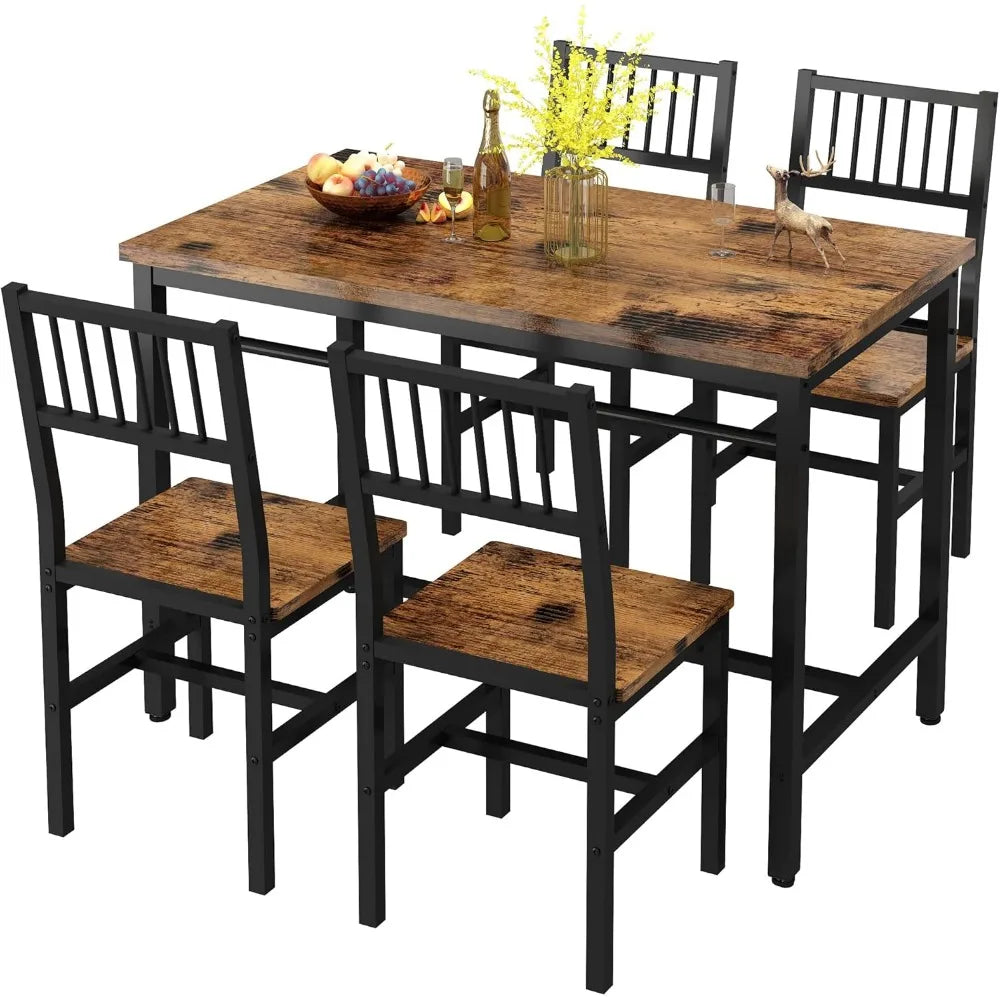 47.2 Inch Dining Table Set for 4,Industrial Table with 4 Curved Chairs Set,5-Piece Rectangular Kitchen Table Set for Dining