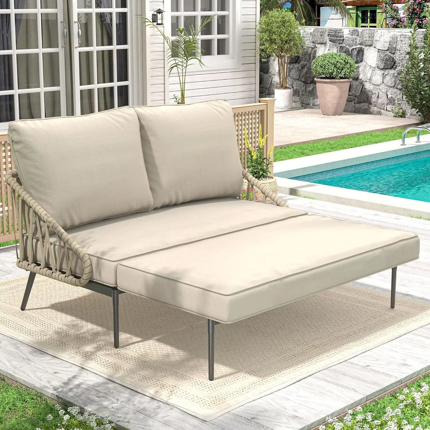 Patio Adjustable Daybed, 2-Person Outdoor Daybed with Cushions and Pillows, Woven Rope Patio Loveseat Garden Adjustable Reclinin