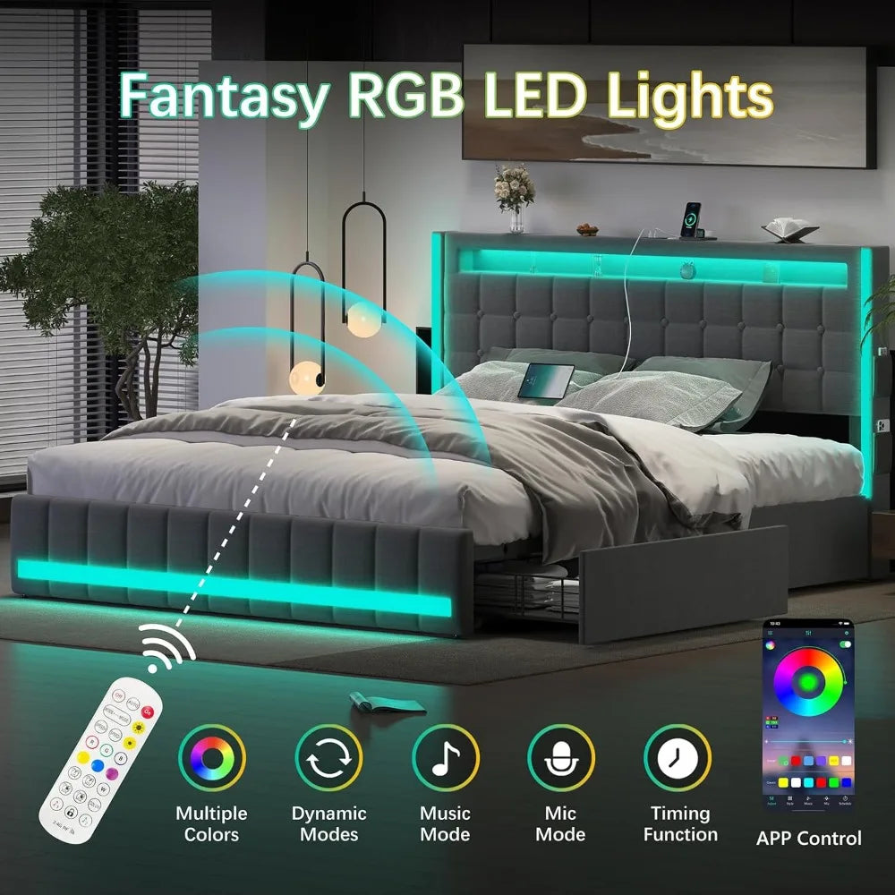 Queen Size Upholstered Platform Bed Frame with Storage Drawers, LED Lights, and Charging Station for Enhanced Convenience