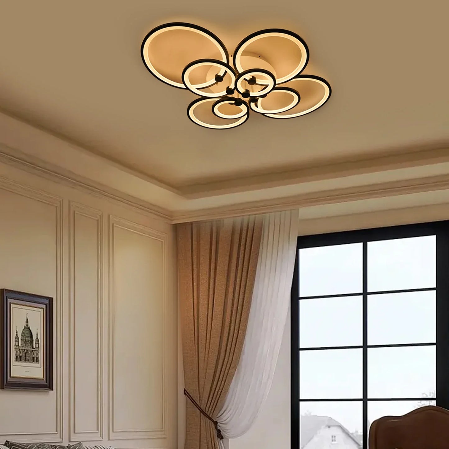 8-Light Modern LED Ceiling Lamp with Remote Control, Transparent Acrylic Shade, Semi-Flush Mount Chandelier  for Dining Room