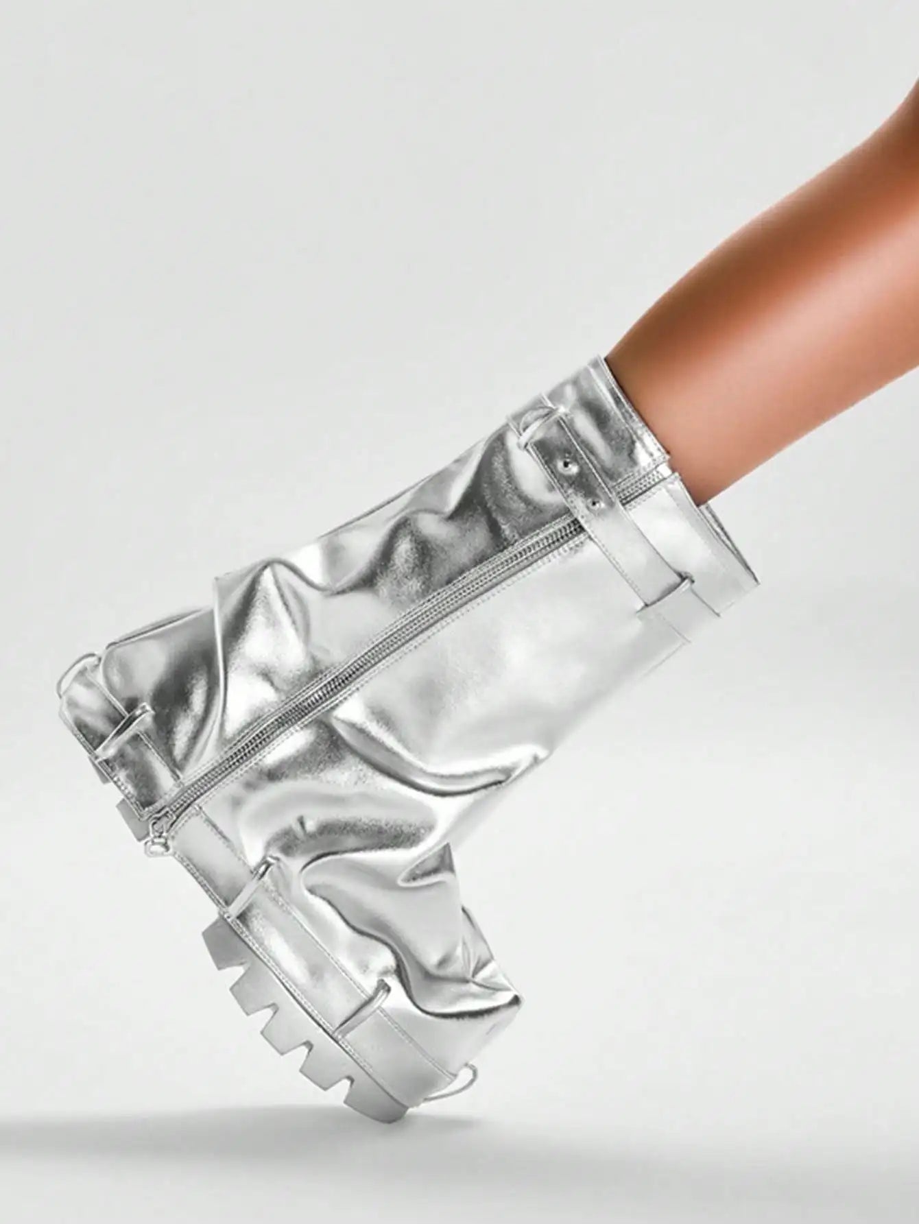 Metallic Fashion Women Fold Over Boots Chunky High Heels Mid Calf Platform Punk Gothic Fashion Motorcycle Shoes Woman