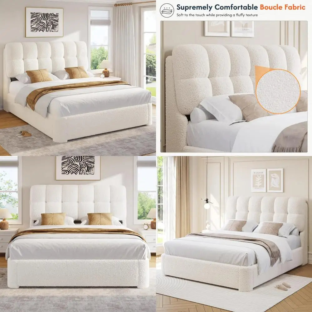 DICTAC Queen Bed Frame, Boucle Upholstered Platform Bed Frame with Button Tufted Headboard, Modern Queen Size Soft Cloud Bed Fra