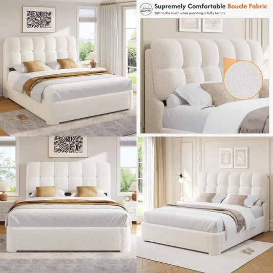 DICTAC Queen Bed Frame, Boucle Upholstered Platform Bed Frame with Button Tufted Headboard, Modern Queen Size Soft Cloud Bed Fra