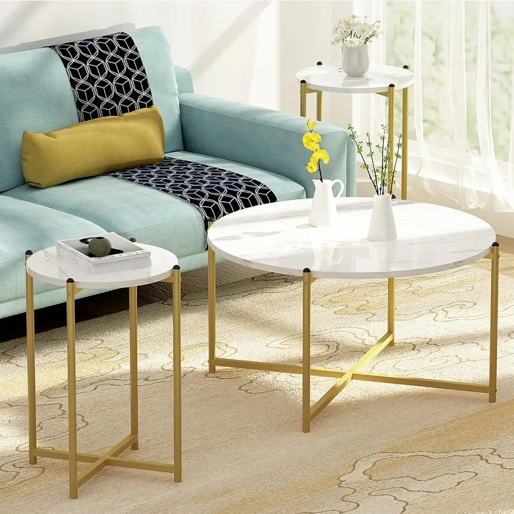 Living Room Coffee Table Set, Faux Marble Living Room Table Set of 3 Modern Round Center Table with Metal Legs, Round Coffee Ta