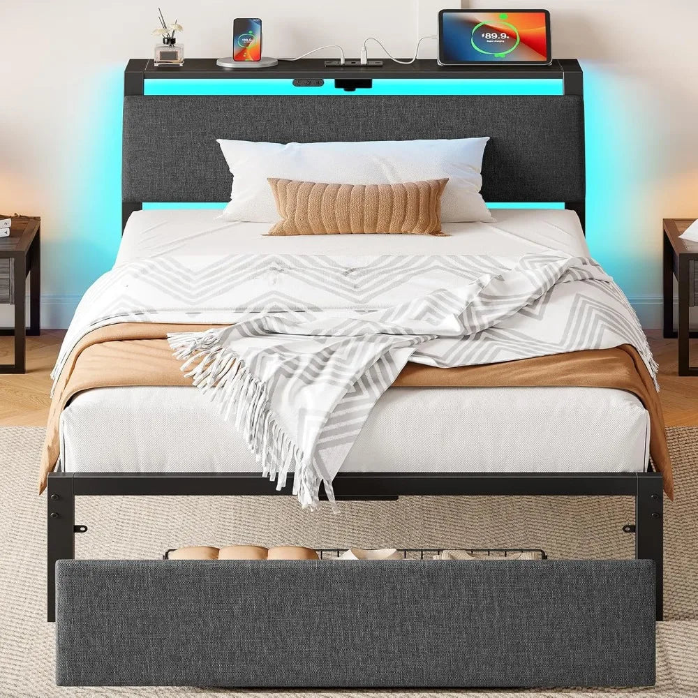 Upholstered Twin Size Bed Frame with Ergonomic Headboard Storage, LED Light, and Charging Station