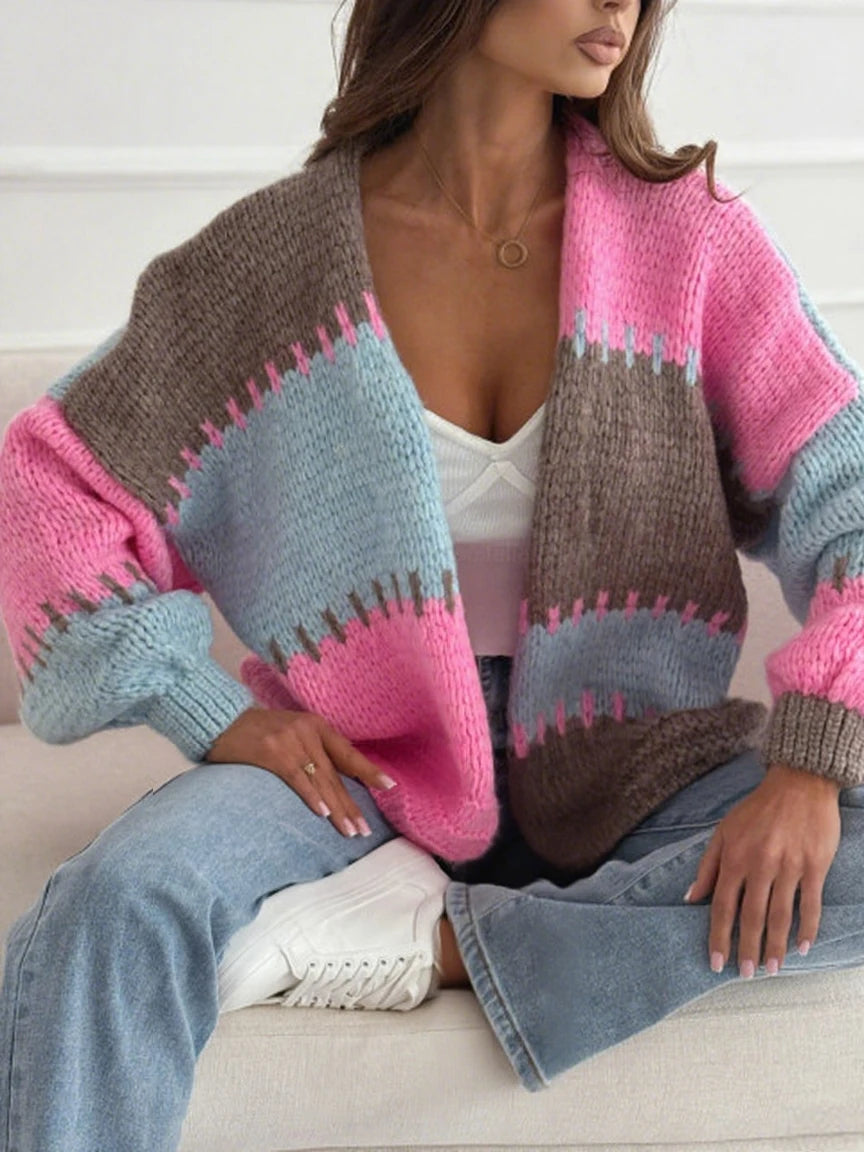 Women's contrasting casual lantern sleeve cardigan sweater  loose soft comfortable knit sweater jacket