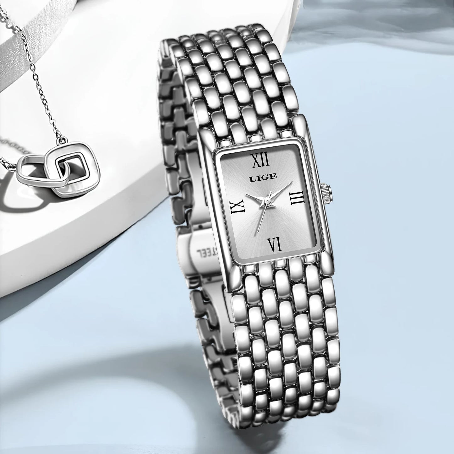LIGE Light Luxury Retro Rectangle Classic Watches For Women Fashion Stainless Steel Womens Watch Vintage Quartz Wristwatches+Box