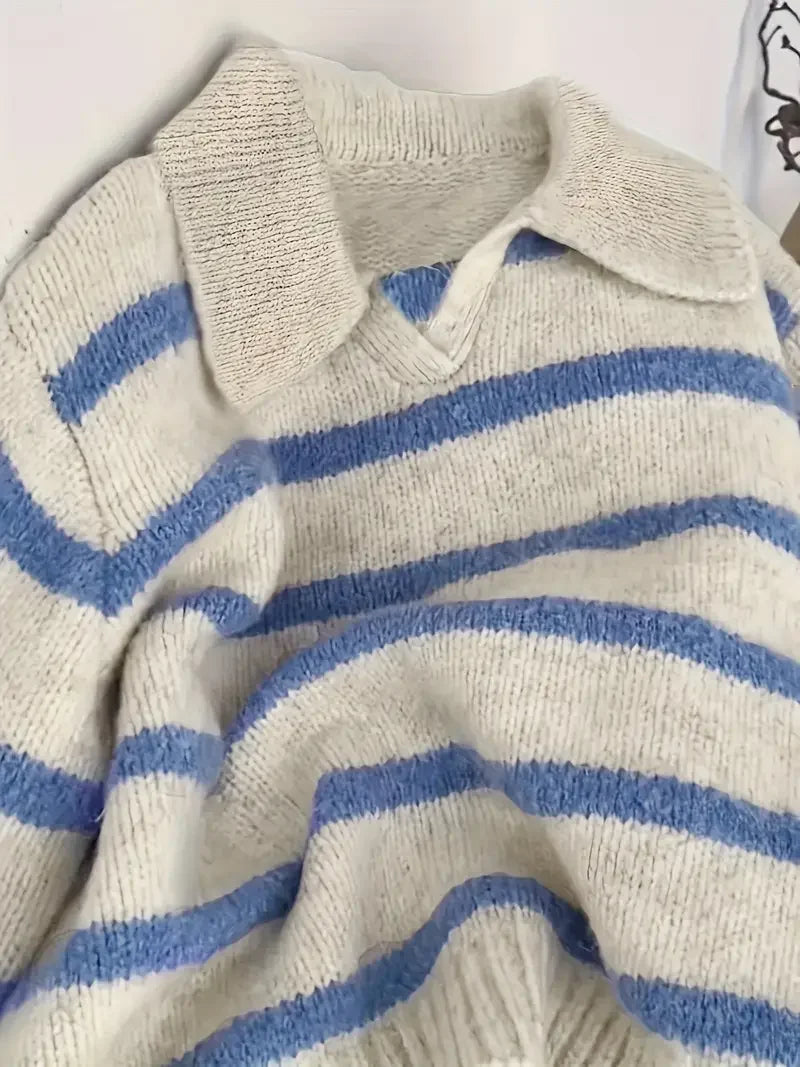Women's Fashion Casual POLO Collar Striped Knitted Hoodie Soft and Comfortable Intercolor Sweater