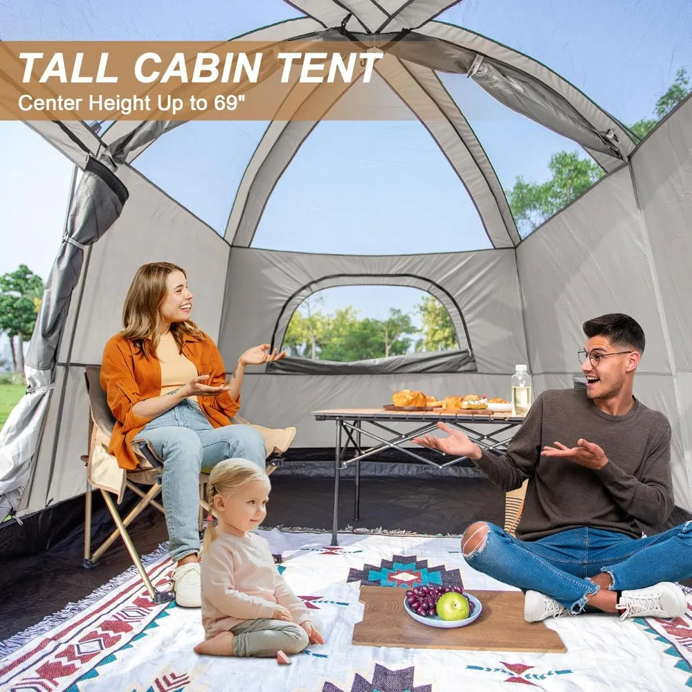Family-Sized Waterproof Cabin Tent with Porch and Rainfly, Spacious 2-Room Glamping Tent for 4-6 People