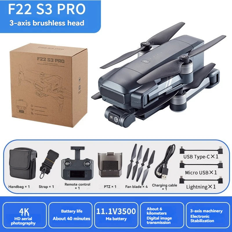 F22 S3 PRO Professional Drone With 4K EIS Camera GPS 6KM 3-axis Gimbal 40Mins 120M FPV Obstacle Avoidance Blussless RC Dron