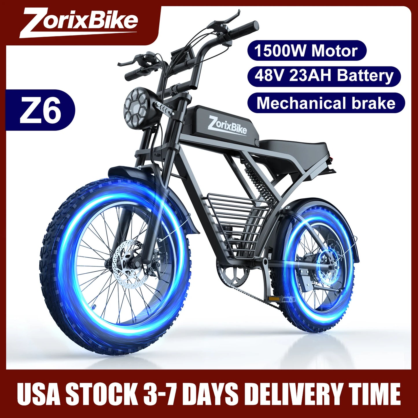ZorixBike Z6 Pro Electric Bike for Adults 3000W 48V 23AH Max 80Miles Electric Motorcycle 20" Fat Tire Bike Shamano 7-Speed EBike