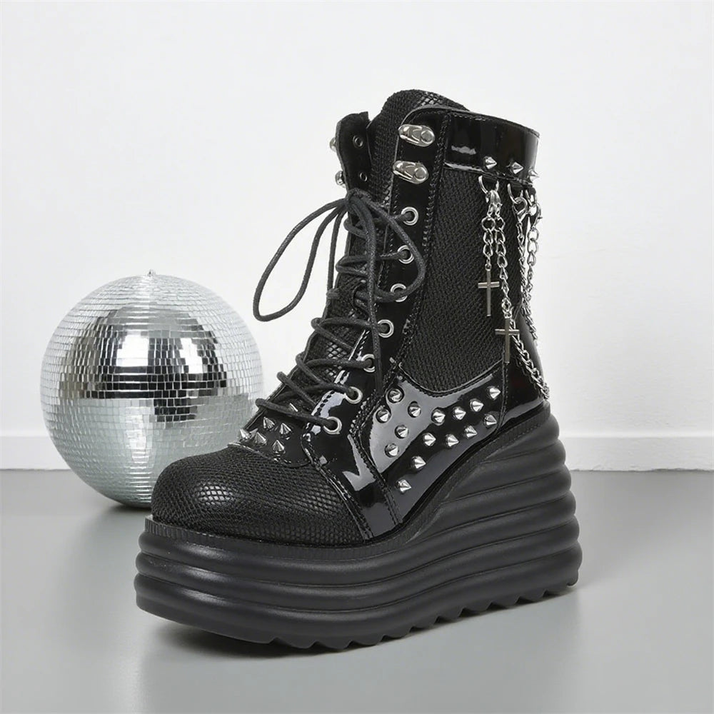 Gothic Y2k Women Ankle Boots Punk Wedges High Heels Platform Stacked Sole Metal Rivet Chain Decor Short Boots For Woman Autumn W