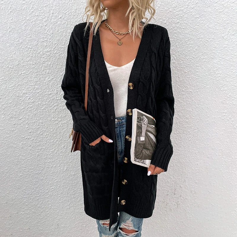 European and American Knitwear Autumn and Winter Long Fried Dough Twists Sweater Women's Button Cardigan