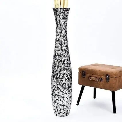 Large Silver Wooden Floor Vase - 41 Tall Decorative Holder for Artificial Plants & Pampas Grass