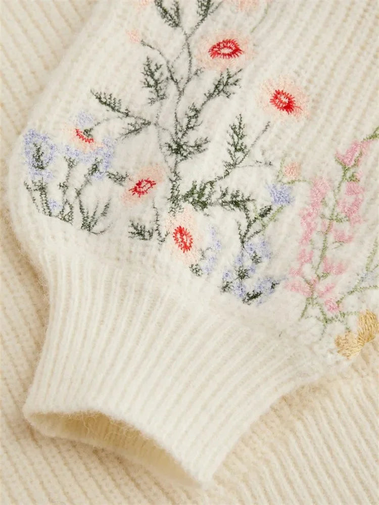 Casual Floral Embroidery Lantern Long Sleeve Sweater for Women Autumn Winter Elegant Mock Neck Cropped Knit Sweater Pullover Top