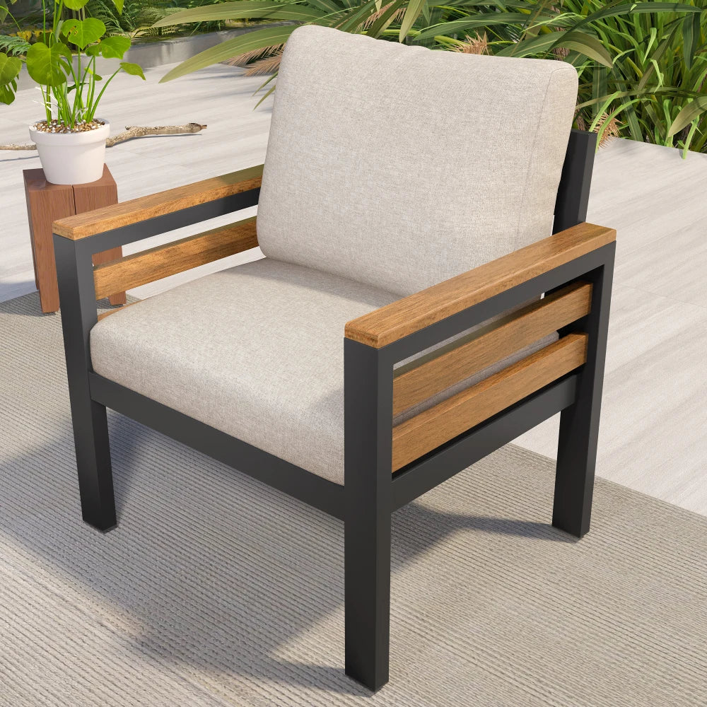 GO 4-Piece Outdoor Furniture Sofa Set for 5 People with Acacia Wood Armrests Patio Conversation Set with Removable Cushion