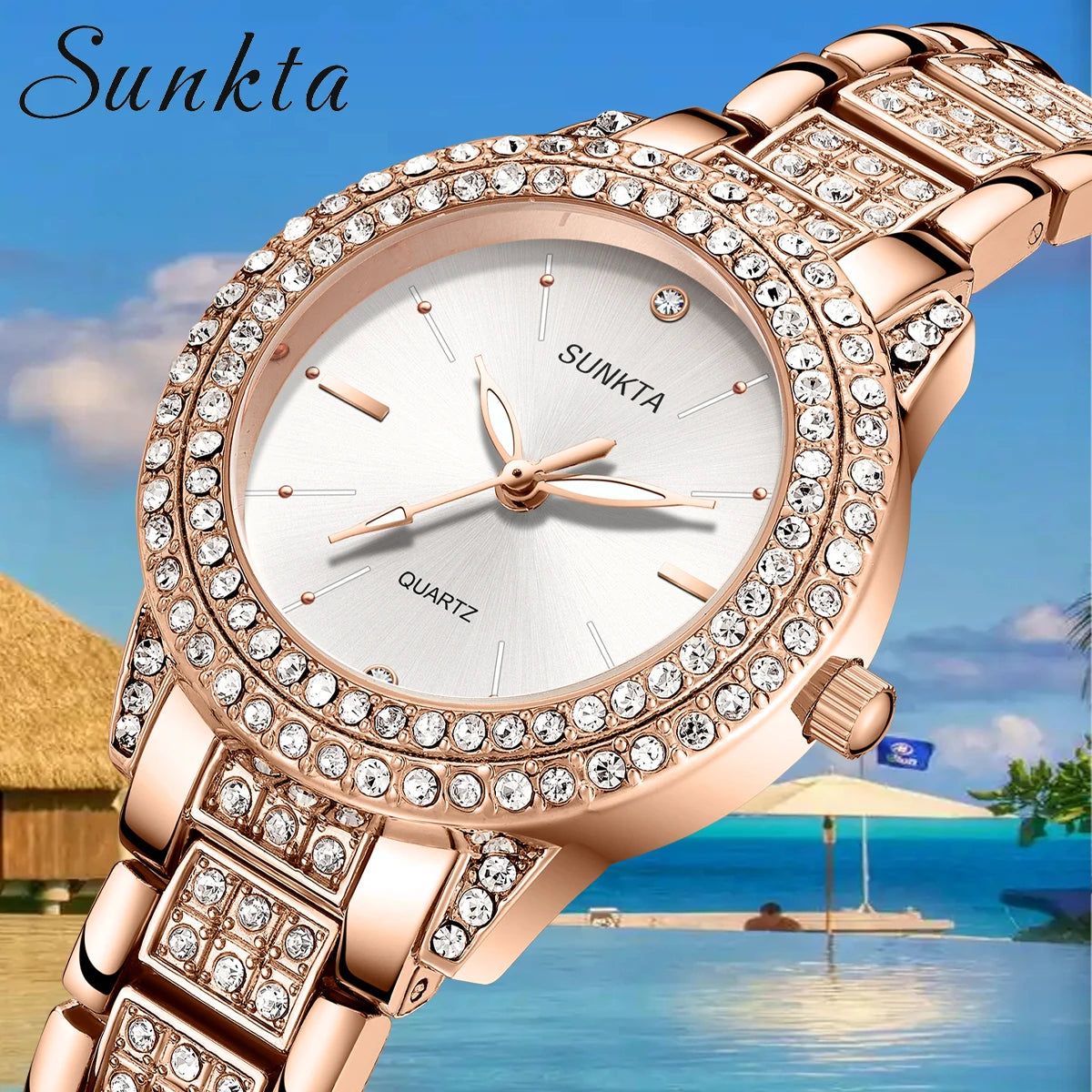 SUNKTA Womens Watches Fashion Original Quartz Wrist Watch for Ladies Roman Dial Dazzling Diamond Waterproof Luminous Luxury