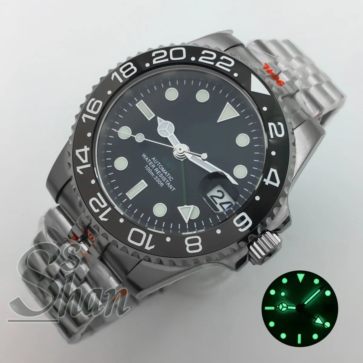 Customized logo luxury 40mm NH34 GMT mechanical watch ceramic bezel sapphire glass green luminous dial water-resistant to 10ATM