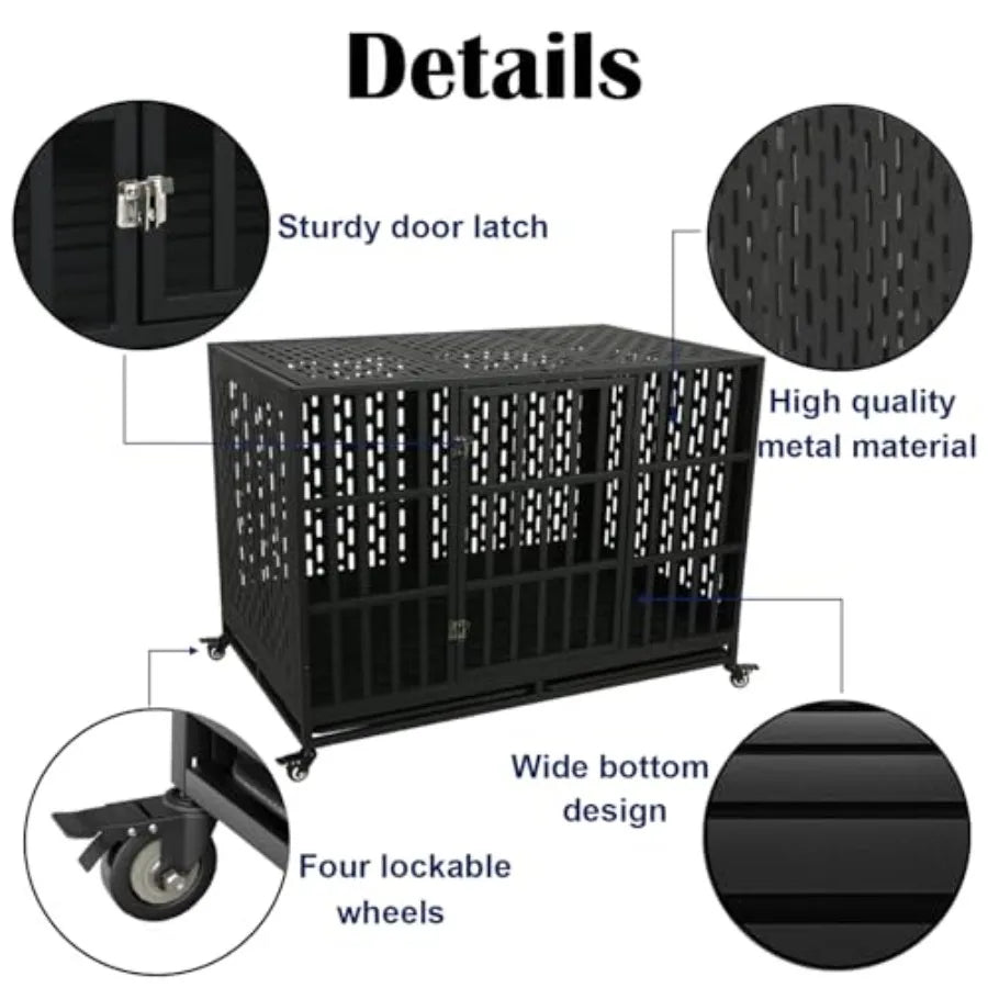 44 inch Heavy Duty Indestructible Dog Crate with Wheels and Trays for Large Medium Dogs High Anxiety Steel Kennel Strong Escape