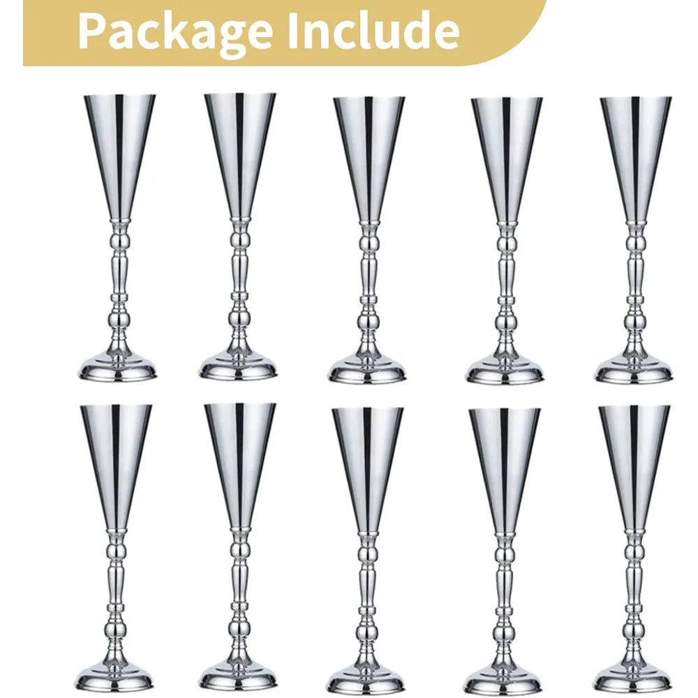 Elegant 16.5 Inch Silver Metal Flower Trumpet Vases for Wedding Table Centerpieces, Set of 10, Artificial Flower Arrangements