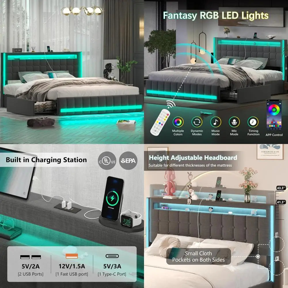 Queen Size Upholstered Platform Bed Frame with Storage Drawers, LED Lights, and Charging Station for Enhanced Convenience