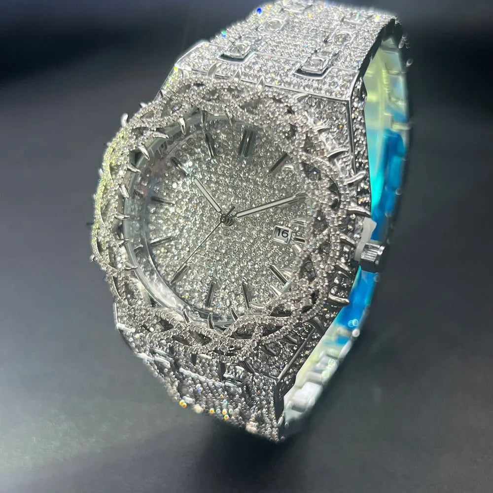 MISSFOX Hot Fashion Full Diamond Watches Men Brand Hip Hop lced Qut Bling Jewelry Flower Quartz Wristwatch For Man Dropshipping