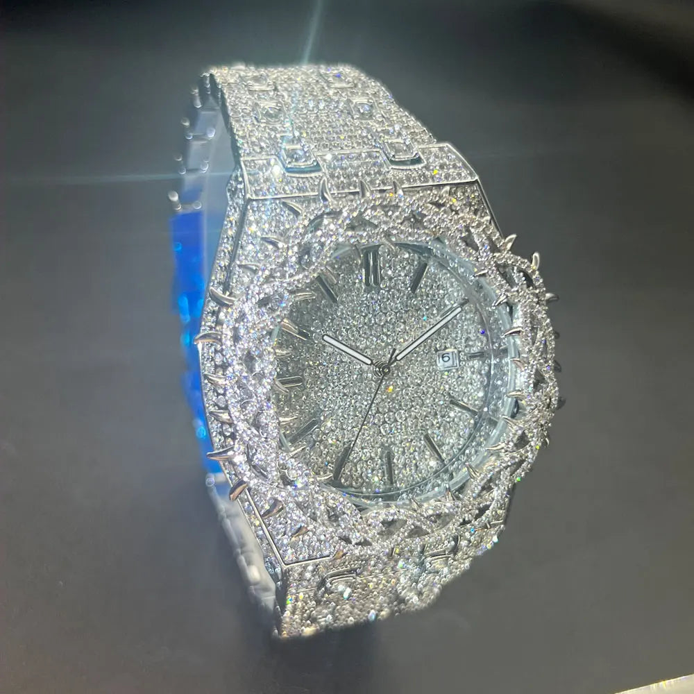 MISSFOX Hot Fashion Full Diamond Watches Men Brand Hip Hop lced Qut Bling Jewelry Flower Quartz Wristwatch For Man Dropshipping