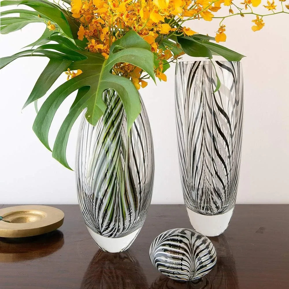 Doro Murano Style Glass Vase Black and White Feather Pattern Hand Blown Art Glass for Flower, Room Decoration and Centerpiece