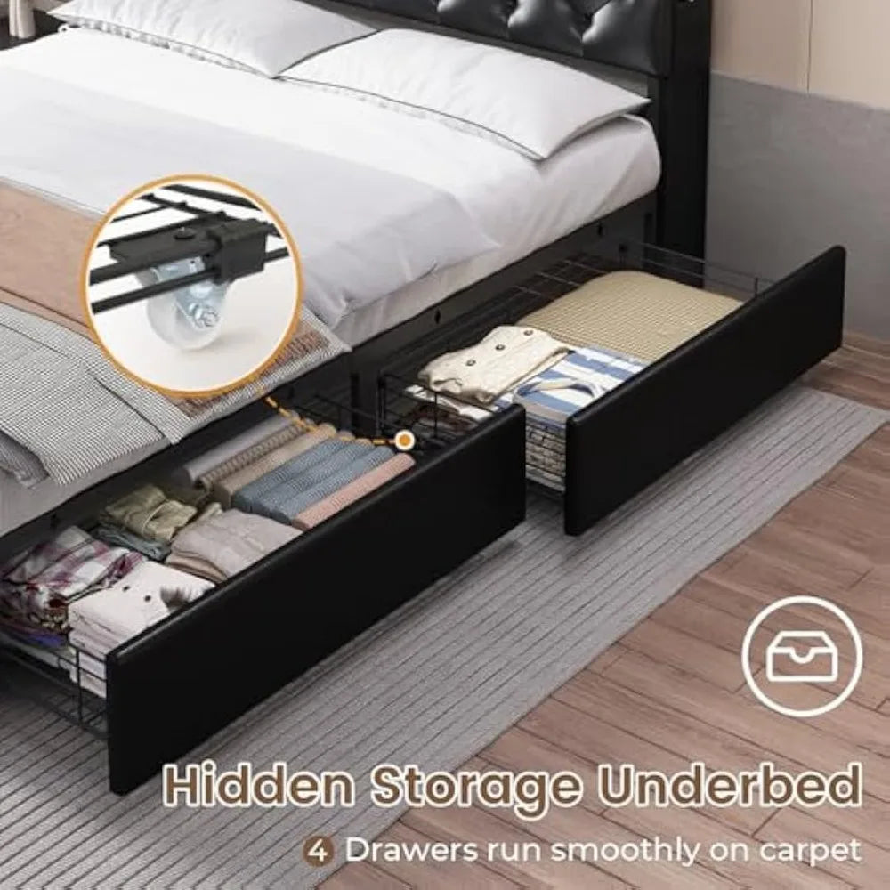 Queen Size Bed Frame with 3-Level Headboard, Storage and Upholstered LED Lighting, 4-Drawer Charging Station Included