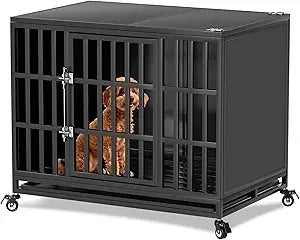38 inch heavy duty dog crate with self-locking latch, indestructible steel large kennel with enclosed design, chew-proof and esc
