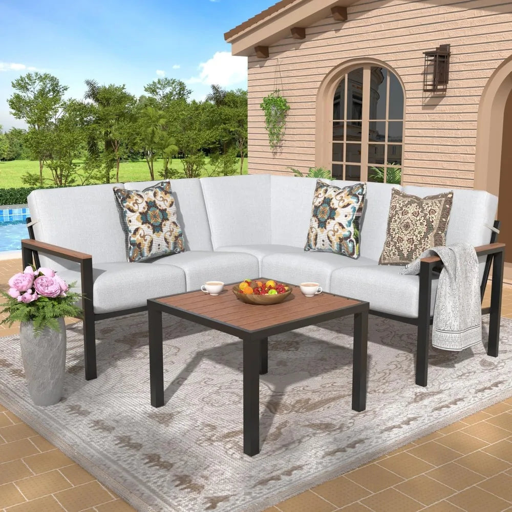 6 Pieces Outdoor Patio Furniture Set with Thick Olefin Cushions Ergonomic Design Highback Fauxwood Armrest And Tabletop