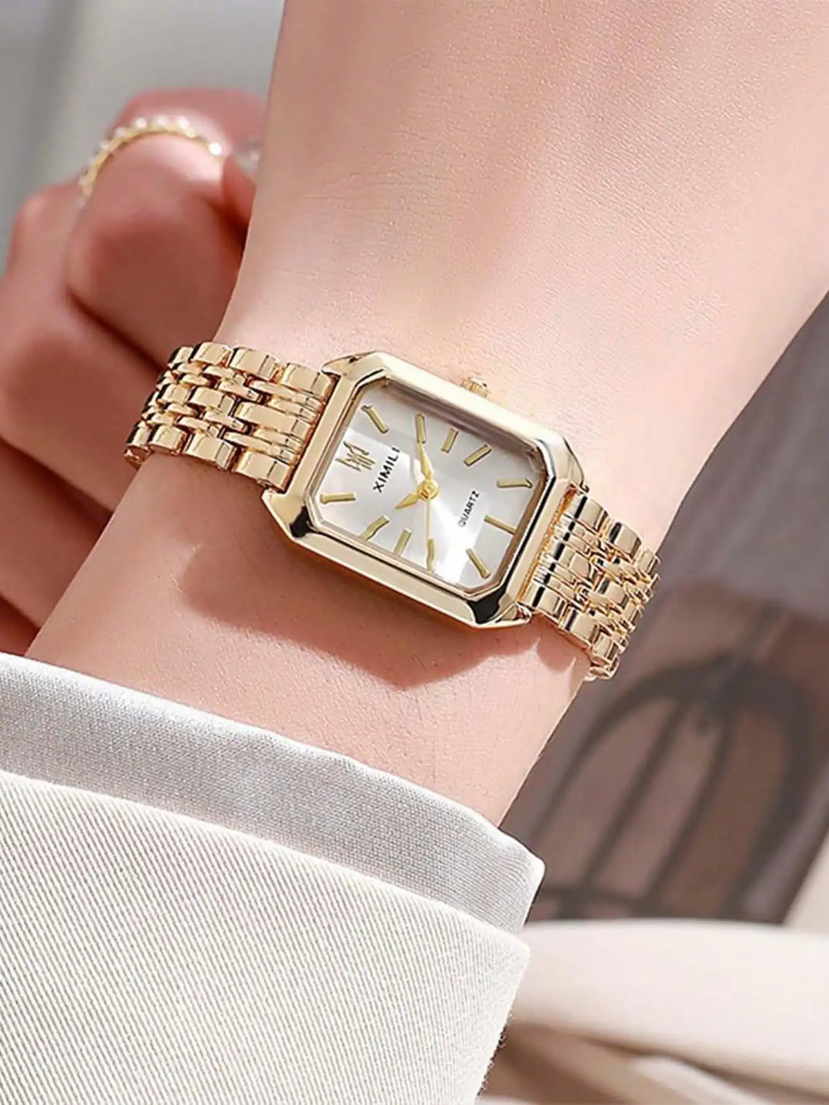 Women's Rectangular Case Analogue Quartz Watch, Metal Bracelet Band Ladies Wristwatch