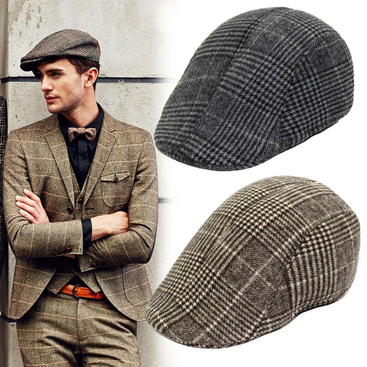 British Style  Autumn Winter Warm Gentleman Baseball Hat Berets Newsboy Painters Hat Plaid Wool Hat Unisex Cabbie Visor Flat Cap