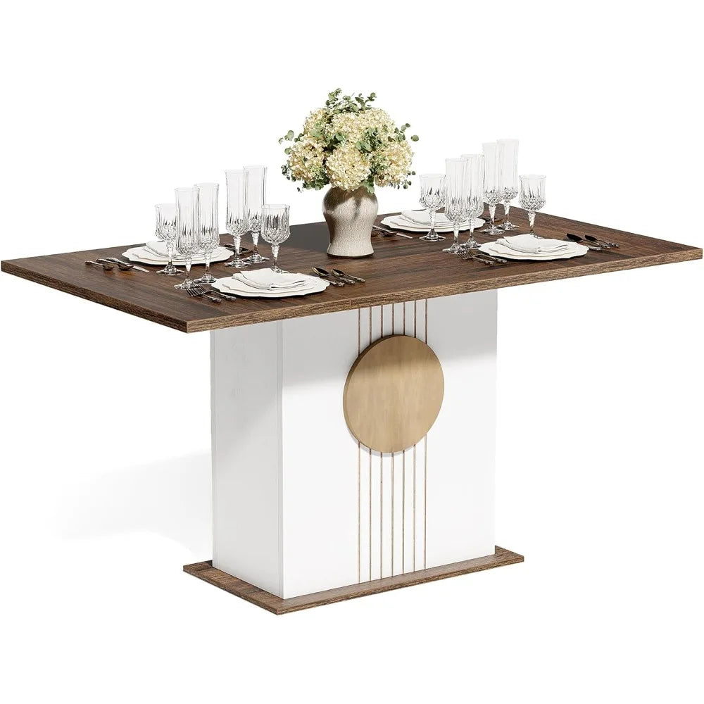 Modern Rectangular Dining Table for 6, Wooden Kitchen Furniture with Sturdy Base, Contemporary Dining Set