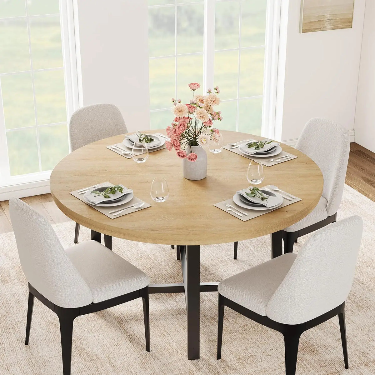 47" Round Industrial Dining Table - Rustic Wood Top w/Metal Frame, Seats 4-6 (No Chairs)