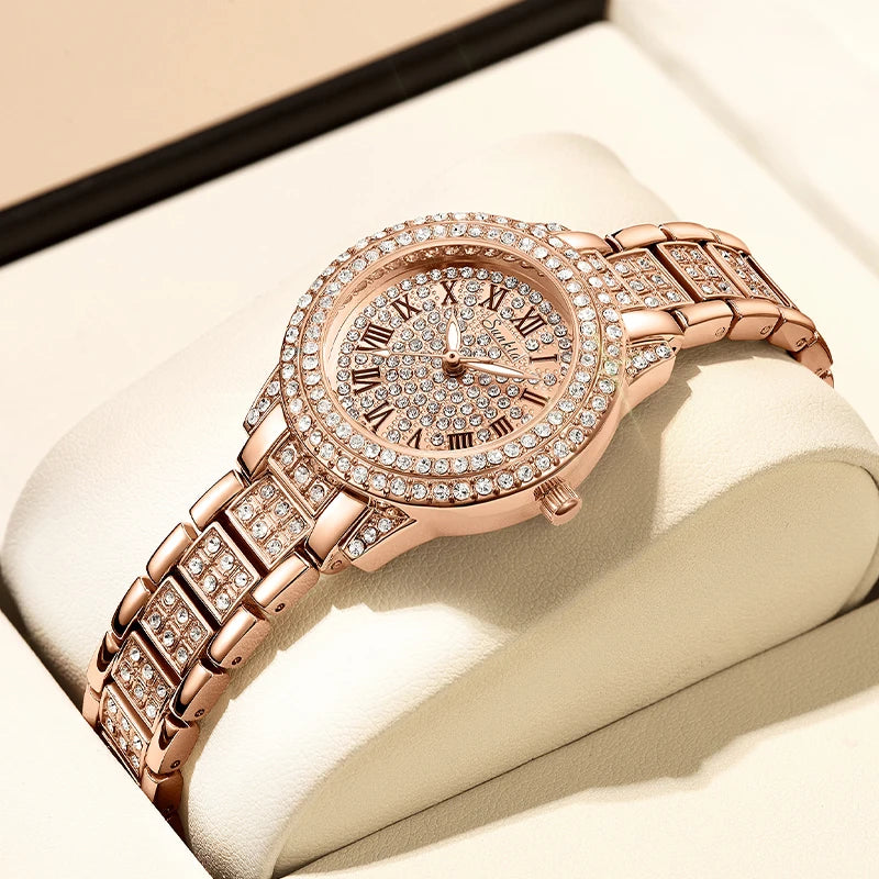 SUNKTA Women Wristwatches Relojes Para Mujer Luxury Classic Golden Watch Women Alloy Strap Round Rhinestone Dail Quartz Watches